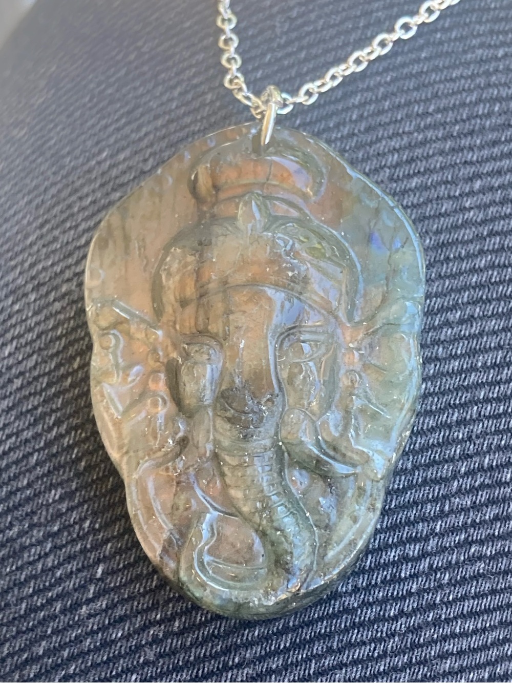 Carved Ganesha Pendant Necklace — Iridescent Gray-Green